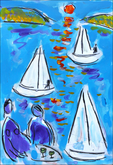 Pintura intitulada "Vacances bleues" por Jean Mirre, Obras de arte originais, Óleo