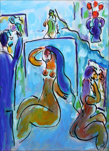 Malerei mit dem Titel "L'atelier bleu1" von Jean Mirre, Original-Kunstwerk, Öl