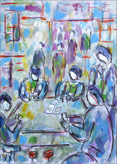 Картина под названием "Cartes au café" - Jean Mirre, Подлинное произведение искусства, Масло