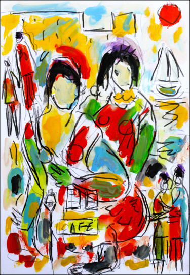 Schilderij getiteld "Café Blues" door Jean Mirre, Origineel Kunstwerk, Olie