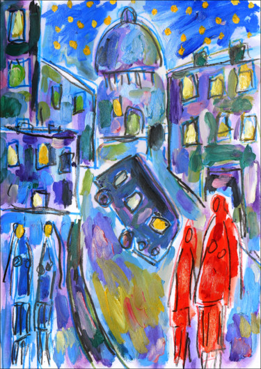 Schilderij getiteld "Night street" door Jean Mirre, Origineel Kunstwerk, Olie