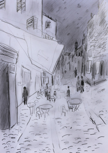 Tekening getiteld "La terrasse à Arles…" door Jean Mirre, Origineel Kunstwerk, Potlood