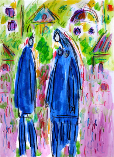 Schilderij getiteld "Couple bleu" door Jean Mirre, Origineel Kunstwerk, Olie