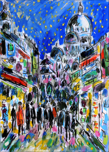 Pittura intitolato "Montmartre la nuit" da Jean Mirre, Opera d'arte originale, Olio