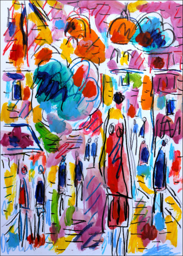 Peinture intitulée "Rue mouvementée" par Jean Mirre, Œuvre d'art originale, Huile