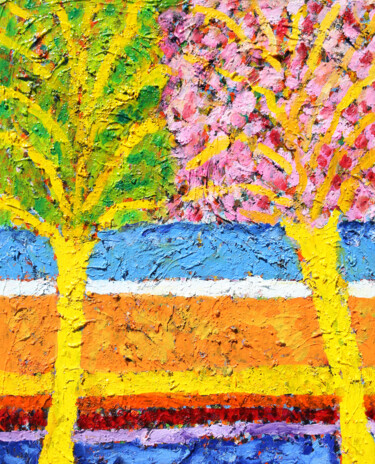 Pintura intitulada "Tree curtains" por Jean Mirre, Obras de arte originais, Óleo Montado em Armação em madeira