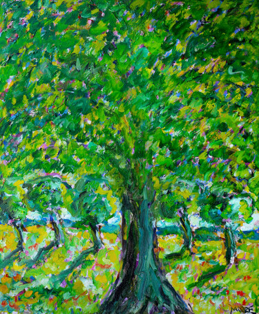Painting titled "Arbre aux oiseaux f…" by Jean Mirre, Original Artwork, Oil Mounted on Wood Stretcher frame