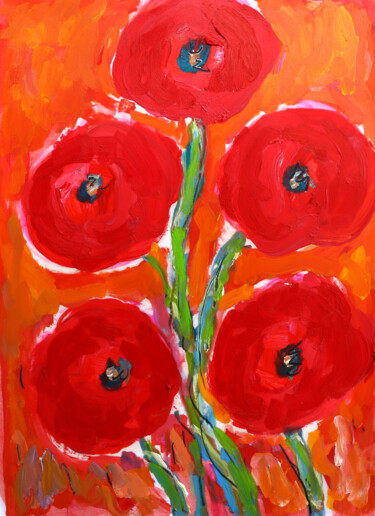 Painting titled "Poppies" by Jean Mirre, Original Artwork, Oil