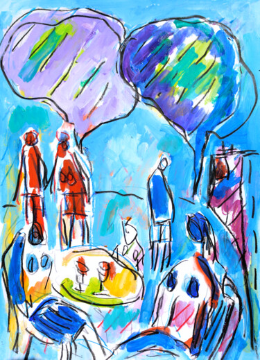 Painting titled "Terrasse au bar par…" by Jean Mirre, Original Artwork, Oil