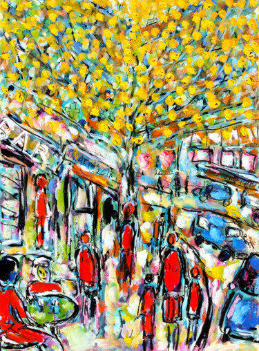 Peinture intitulée "Paris, rue animée" par Jean Mirre, Œuvre d'art originale, Huile