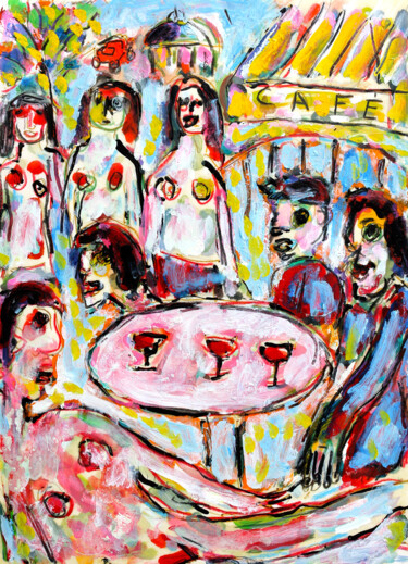 Schilderij getiteld "Café Montpar" door Jean Mirre, Origineel Kunstwerk, Olie