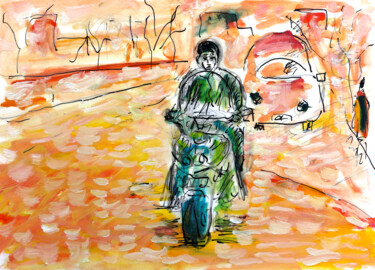Peinture intitulée "L'homme à la moto" par Jean Mirre, Œuvre d'art originale, Huile