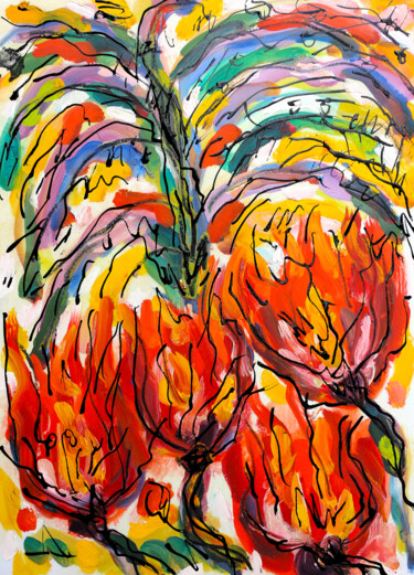 Peinture intitulée "Arbres et tulipes" par Jean Mirre, Œuvre d'art originale, Huile