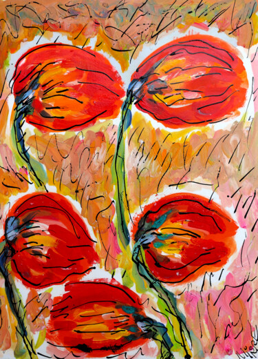 Painting titled "Tulipes au vent" by Jean Mirre, Original Artwork, Oil
