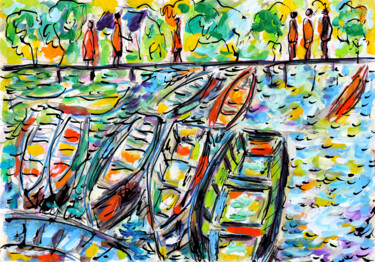 Schilderij getiteld "Les barques" door Jean Mirre, Origineel Kunstwerk, Olie