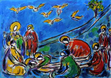 Painting titled "Les anges de Giotto" by Jean Mirre, Original Artwork, Oil