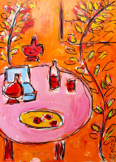 Painting titled "Pink table orange r…" by Jean Mirre, Original Artwork, Oil
