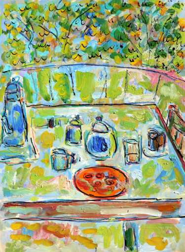 Painting titled "Repas dans le jardin" by Jean Mirre, Original Artwork, Oil