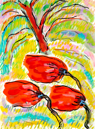 Painting titled "Tulipes et arbre" by Jean Mirre, Original Artwork, Oil