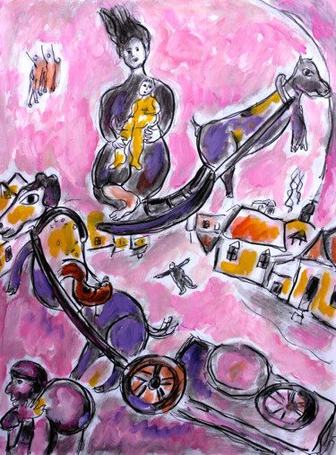 Schilderij getiteld "Pink Chagall" door Jean Mirre, Origineel Kunstwerk, Olie