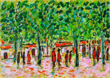 Painting titled "Place de village1" by Jean Mirre, Original Artwork, Oil