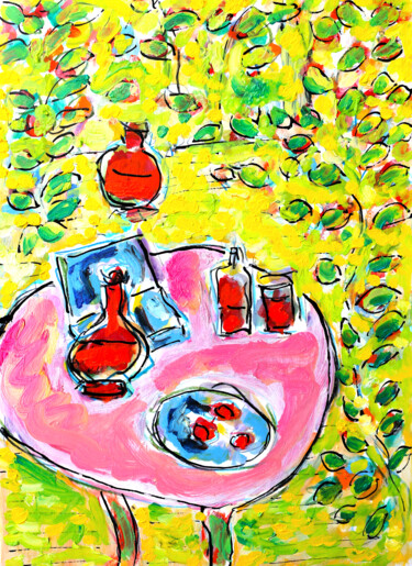 Painting titled "Table rose et fond…" by Jean Mirre, Original Artwork, Oil
