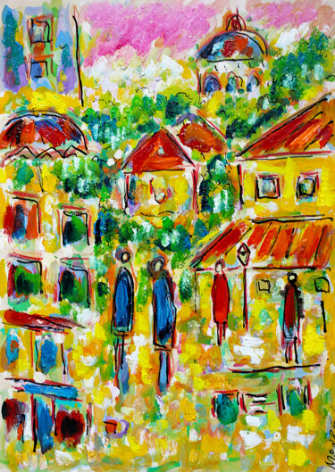 Peinture intitulée "Village Tertre" par Jean Mirre, Œuvre d'art originale, Huile