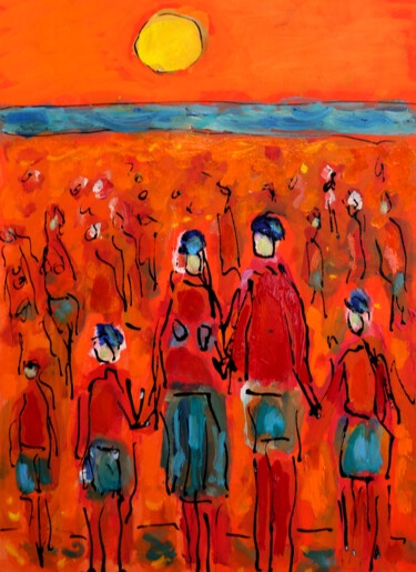 Schilderij getiteld "Famille à la plage1" door Jean Mirre, Origineel Kunstwerk, Olie