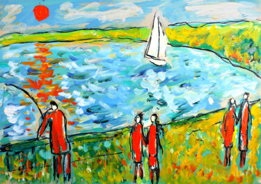 Peinture intitulée "La pêche à la ligne1" par Jean Mirre, Œuvre d'art originale, Huile