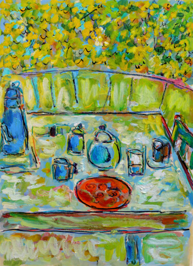 Painting titled "Table et jardin" by Jean Mirre, Original Artwork, Oil
