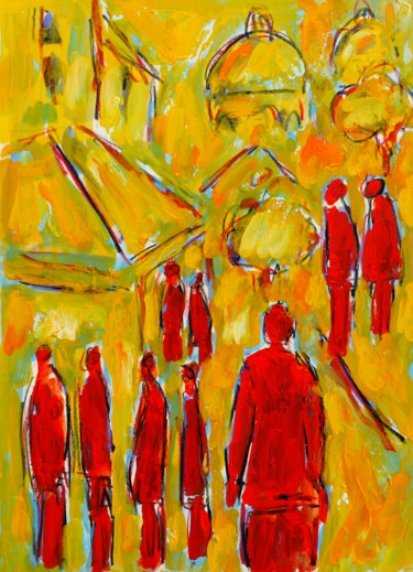 Картина под названием "Les passants rouges" - Jean Mirre, Подлинное произведение искусства, Масло