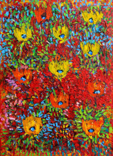 Painting titled "Fleurs de vie" by Jean Mirre, Original Artwork, Oil Mounted on Wood Stretcher frame