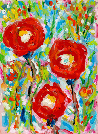 Painting titled "Trois roses" by Jean Mirre, Original Artwork, Oil