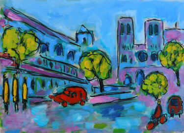 Peinture intitulée "Paris à vélo" par Jean Mirre, Œuvre d'art originale, Huile
