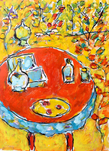 Peinture intitulée "Table à la nappe ro…" par Jean Mirre, Œuvre d'art originale, Huile