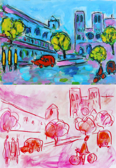 Peinture intitulée "Paris à vélo rose 2…" par Jean Mirre, Œuvre d'art originale, Huile