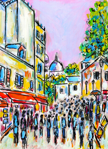 Peinture intitulée "Foule à Montmartre" par Jean Mirre, Œuvre d'art originale, Huile