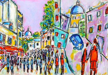 Peinture intitulée "Foule à Montmartre…" par Jean Mirre, Œuvre d'art originale, Huile