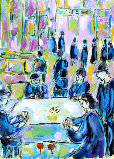 Peinture intitulée "Belote au café1" par Jean Mirre, Œuvre d'art originale, Huile
