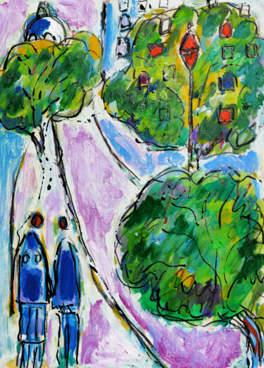 Schilderij getiteld "Purple street lovers" door Jean Mirre, Origineel Kunstwerk, Olie