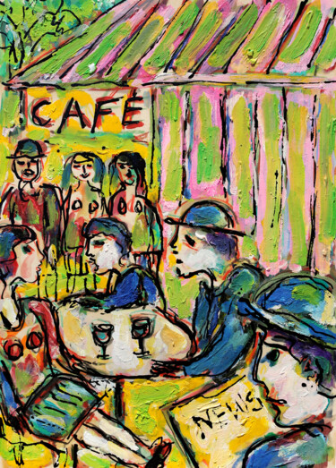 Schilderij getiteld "Café News" door Jean Mirre, Origineel Kunstwerk, Olie