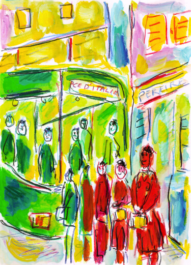 Malerei mit dem Titel "Bus stop1" von Jean Mirre, Original-Kunstwerk, Öl