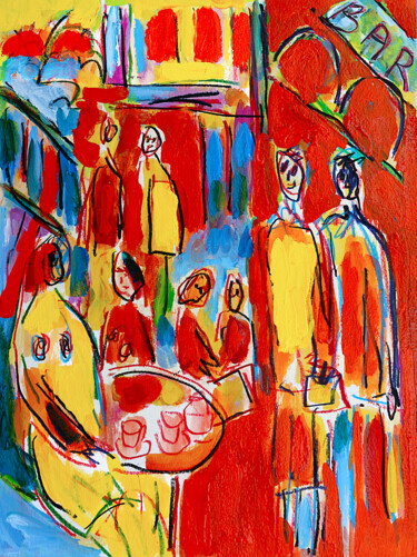 Schilderij getiteld "La terrasse" door Jean Mirre, Origineel Kunstwerk, Olie