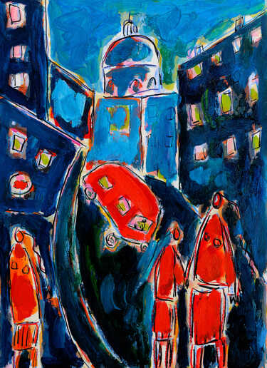 Peinture intitulée "Famille et ville" par Jean Mirre, Œuvre d'art originale, Huile