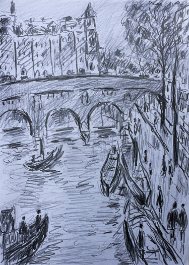 Drawing titled "Seine et péniches" by Jean Mirre, Original Artwork, Pencil