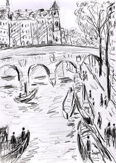 Drawing titled "Seine et péniches" by Jean Mirre, Original Artwork, Pencil