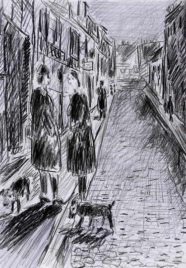 Dibujo titulada "Au coin d'la rue" por Jean Mirre, Obra de arte original, Lápiz