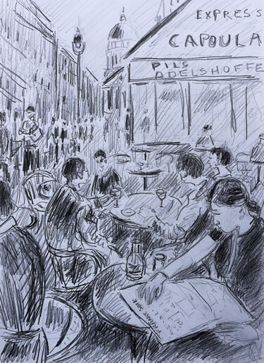 Drawing titled "Lecture du journal" by Jean Mirre, Original Artwork, Pencil