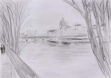 Dessin intitulée "Quai et pont" par Jean Mirre, Œuvre d'art originale, Crayon