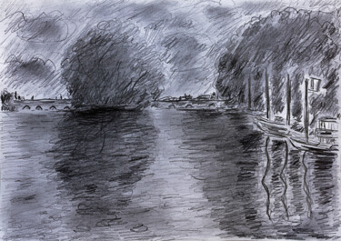 Dessin intitulée "Reflets dans l'eau1" par Jean Mirre, Œuvre d'art originale, Crayon